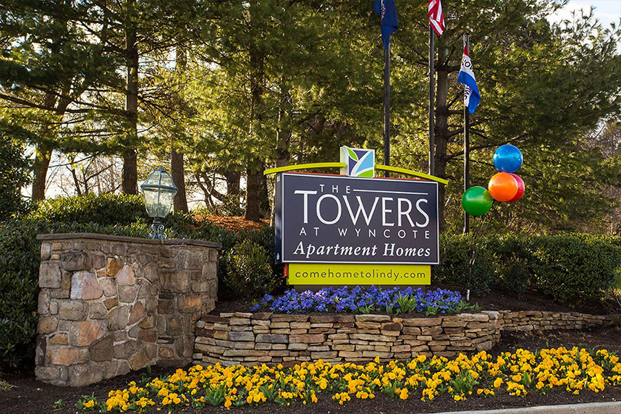 Entrance to leasing center at The Towers at Wyncote apartments for rent in Cheltenham, PA